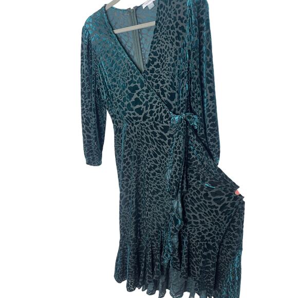 Calvin Klein 8 Burnout Velvet Animal Print Long Sleeve Wrap Dress Teal Green - Picture 7 of 11